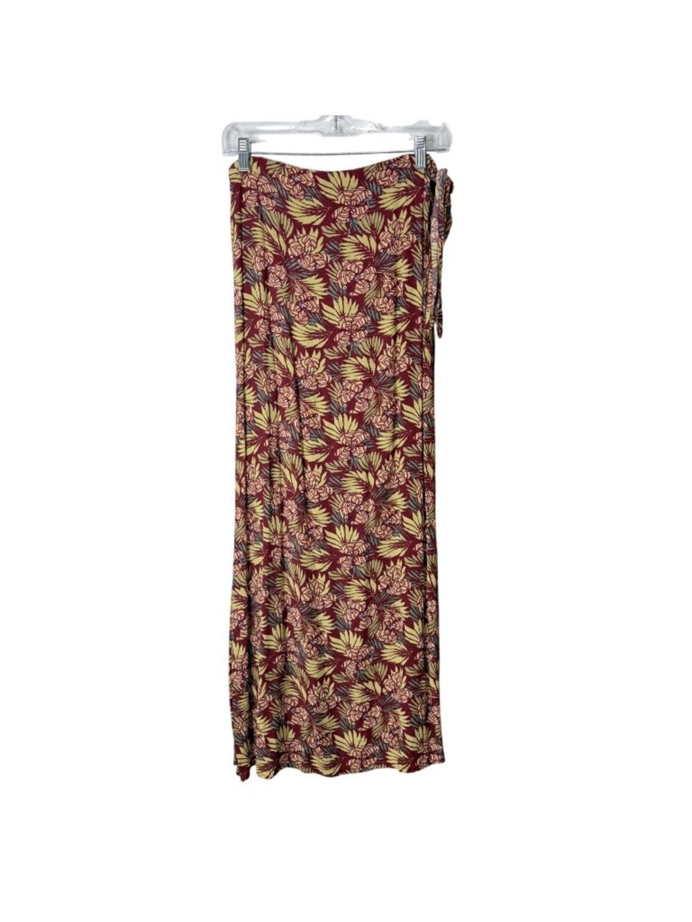 Flax By Jeanne Engelhart Women Large Maxi Wrap Skirt Floral Burgundy Yellow Boho